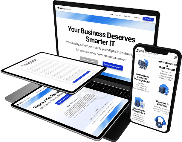 The CrossShield IT site across laptop, tablet, and phone
