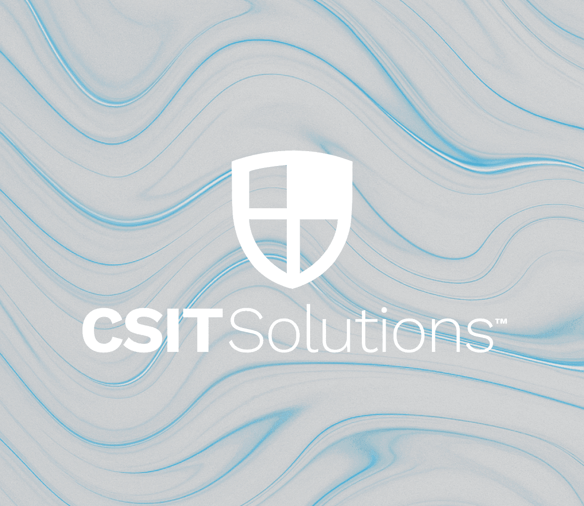 CSIT Solutions shield mark and wordmark on a light marble field