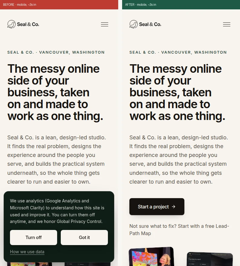 The live homepage four seconds after navigation on a fast connection: the headline is completely absent, the eyebrow and paragraph are barely-visible ghosts mid-fade, the hero imagery has not appeared